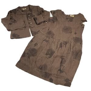 B&B VTG Women’s 2 Pc Sz L Dress M Coat Brown 100% Linen Floral Crochet Taper Hem